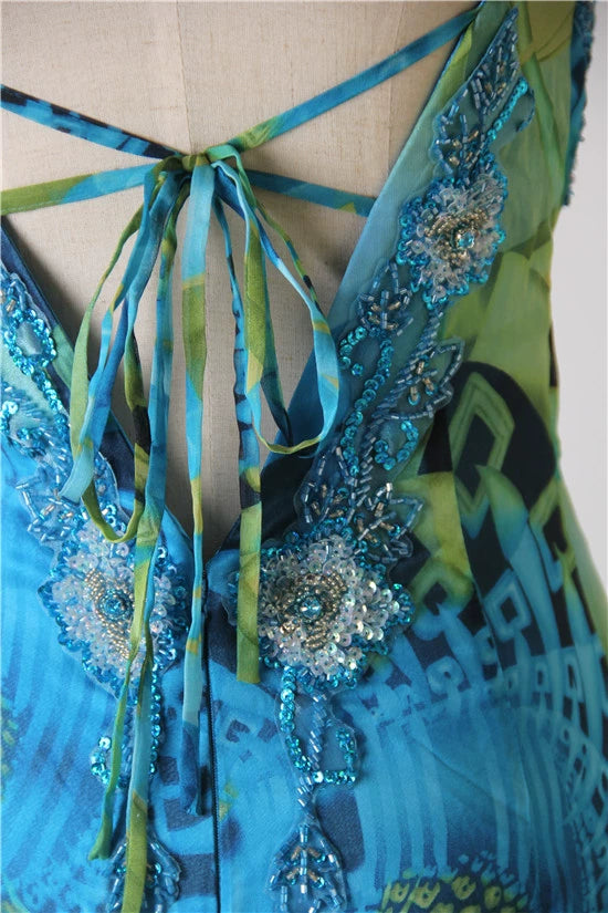 Peacock blue printed chiffon backless beaded evening dress with tie-back