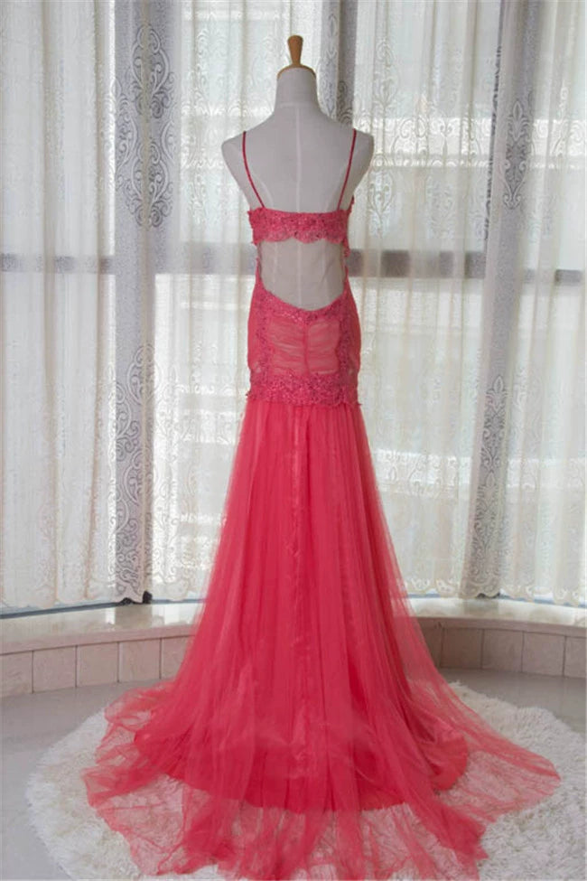Watermelon Red Rhinestone Long Evening Dress