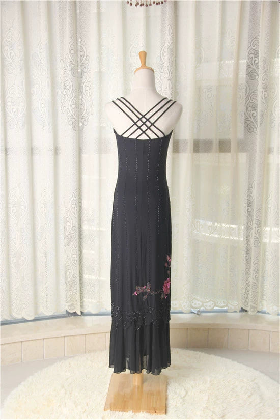 Black stretch yarn midi evening dress