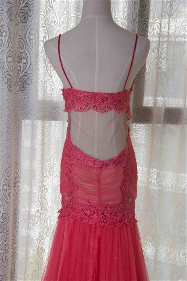 Watermelon Red Rhinestone Long Evening Dress