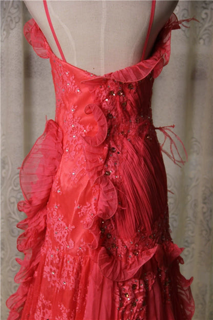 Red lace long train maxi dress
