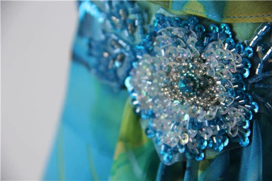 Peacock blue printed chiffon backless beaded evening dress with tie-back