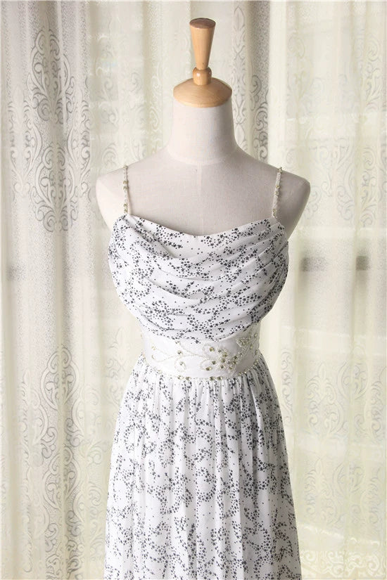 White star print composite silk chiffon bohemian beading maxi dress