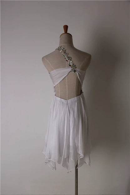 White chiffon shoulder strap mini dress
