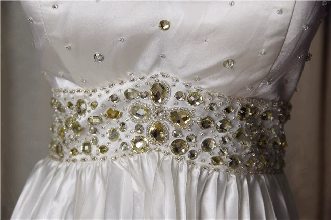 White pleated satin beading mini dress