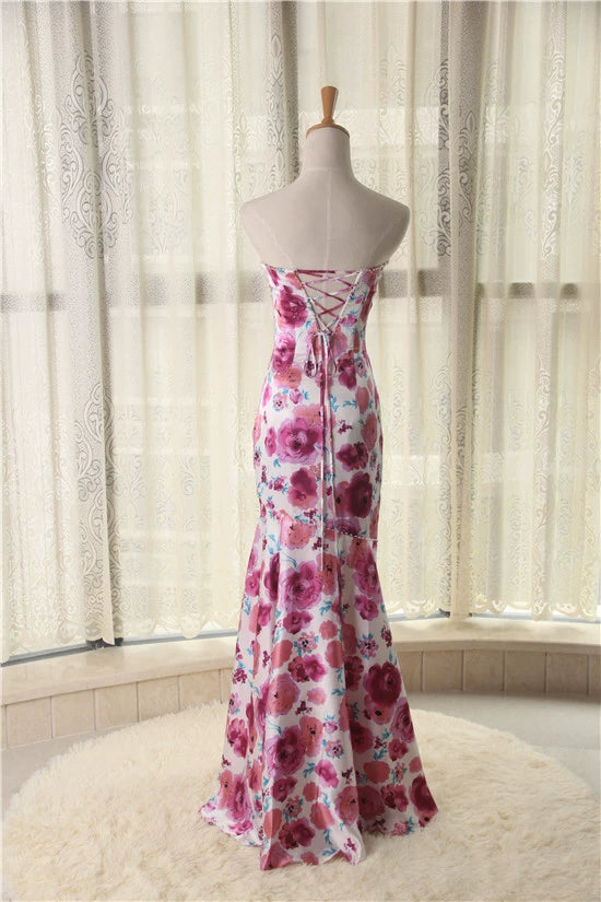 Flower-printed beaded satin fishtail skirt with back ties