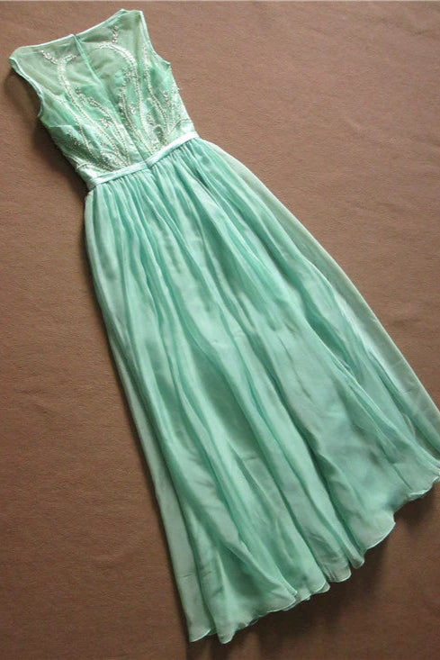Green chiffon long beaded evening gown