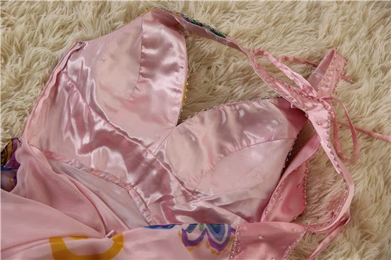 Pink printed open back long beaded maxi dress