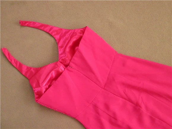 Rose red halter neck chiffon long beaded evening gown