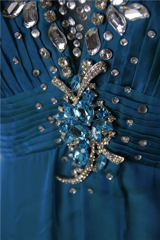 Peacock blue glass diamond shoulder chiffon maxi dress