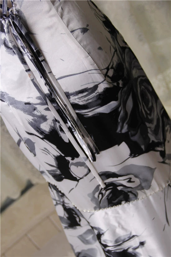 Elegant satin fishtail skirt with ink painting print