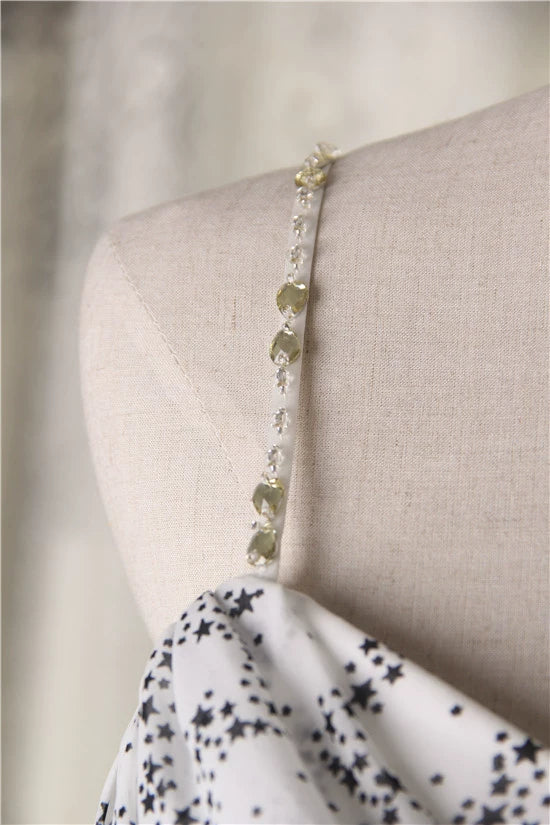 White star print composite silk chiffon bohemian beading maxi dress