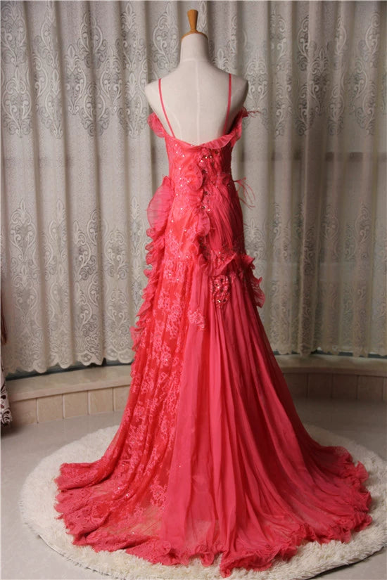 Red lace long train maxi dress