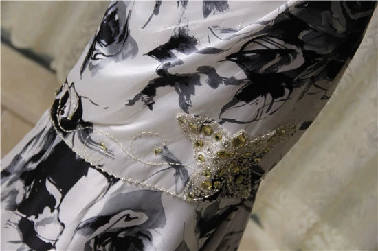 Elegant satin fishtail skirt with ink painting print