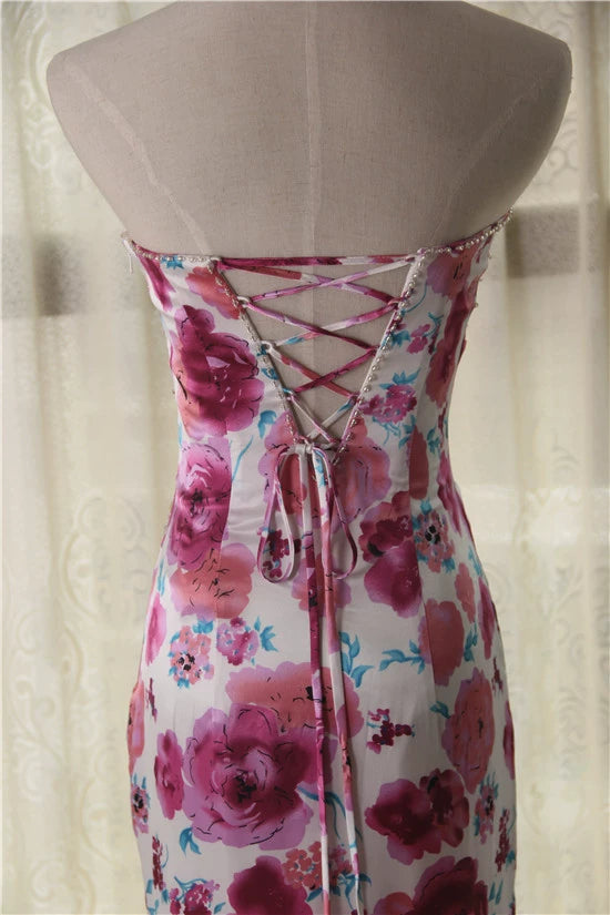 Flower-printed beaded satin fishtail skirt with back ties
