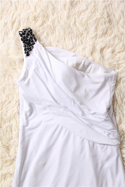 White knitted stretch one-shoulder mini evening dress