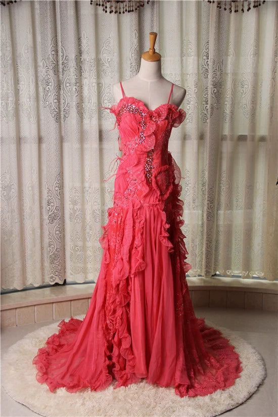 Red lace long train maxi dress