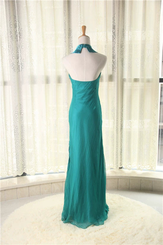Green Halter Neck Hand-Beaded Silk Evening maxi Dress