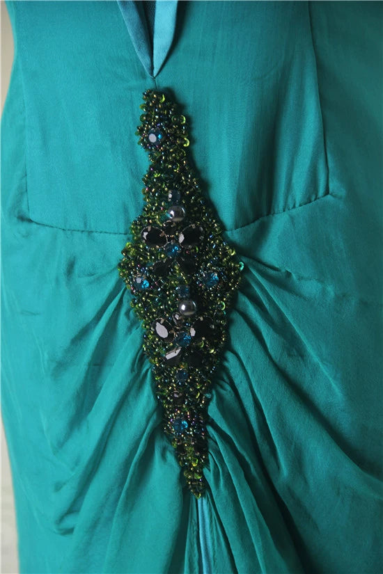 Green Halter Neck Hand-Beaded Silk Evening maxi Dress