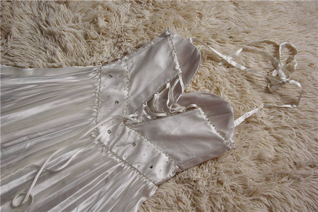 White pleated satin beading mini dress