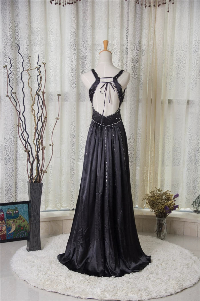 Black satin backless evening gown with ties