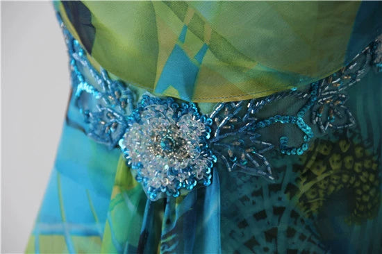 Peacock blue printed chiffon backless beaded evening dress with tie-back