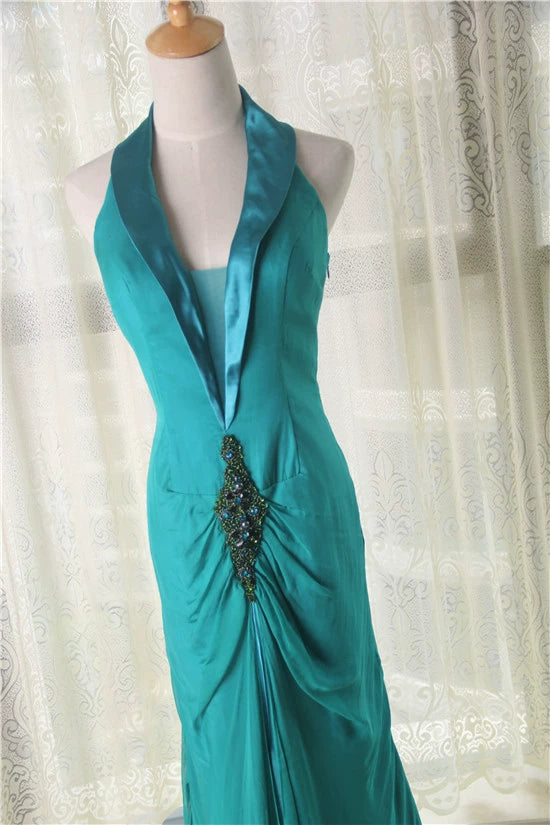 Green Halter Neck Hand-Beaded Silk Evening maxi Dress