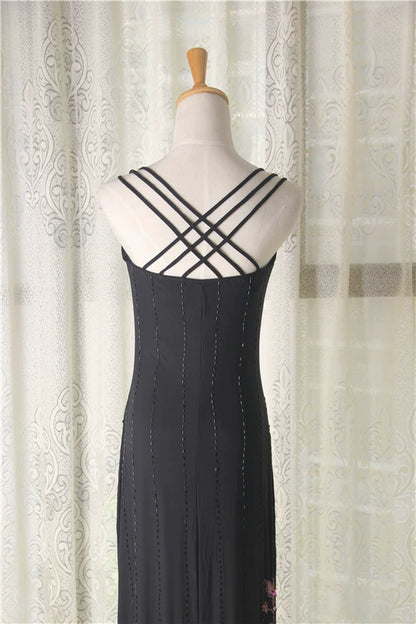 Black stretch yarn midi evening dress
