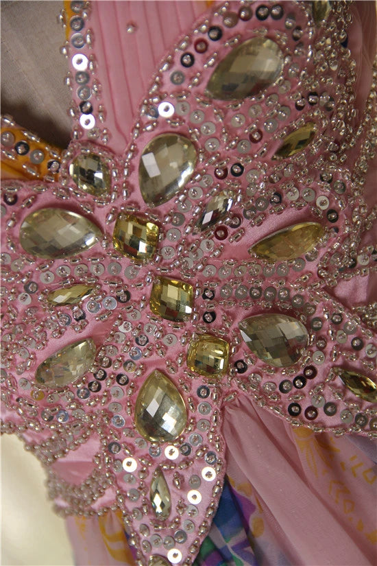 Pink printed open back long beaded maxi dress