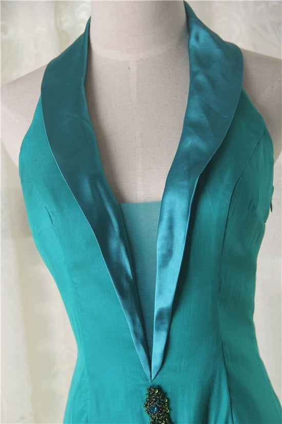Green Halter Neck Hand-Beaded Silk Evening maxi Dress