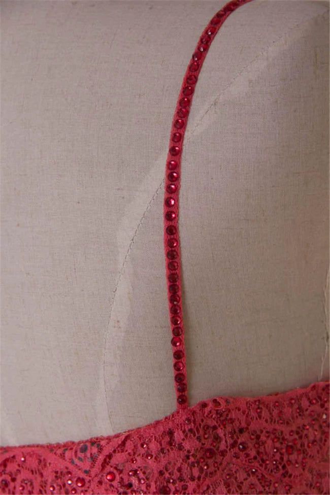 Watermelon Red Rhinestone Long Evening Dress