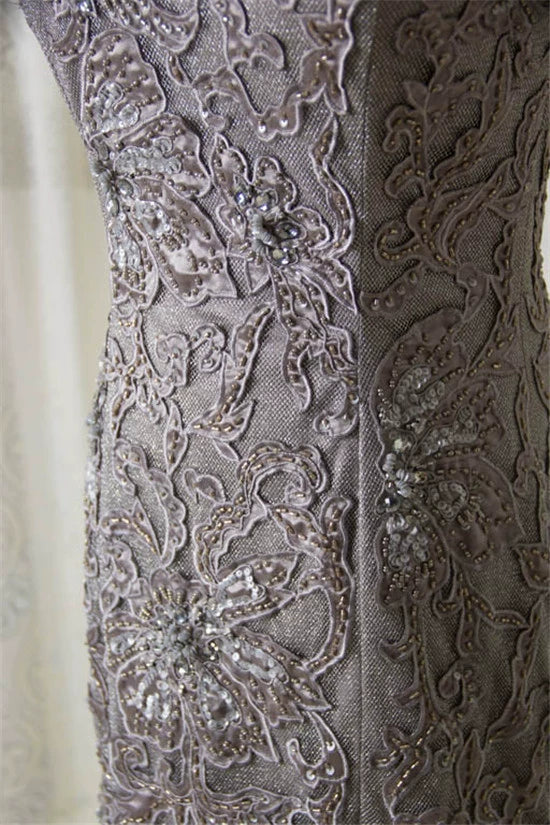 Gray hip-hugging embroidered and beaded evening dress