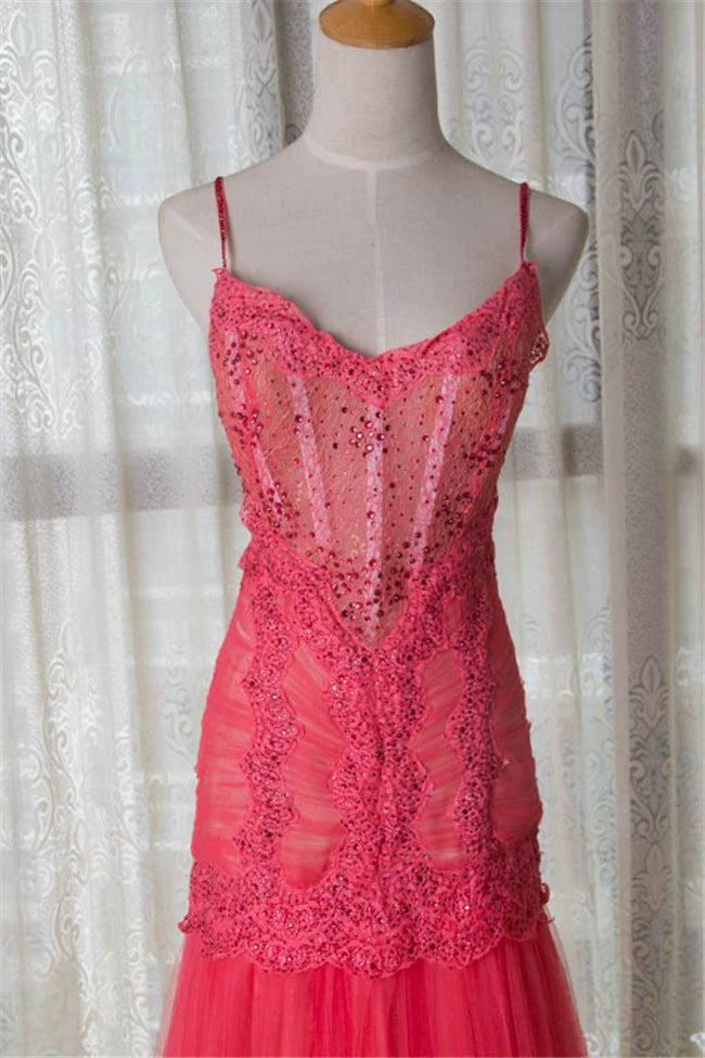 Watermelon Red Rhinestone Long Evening Dress