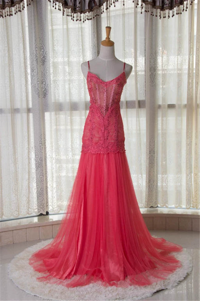 Watermelon Red Rhinestone Long Evening Dress