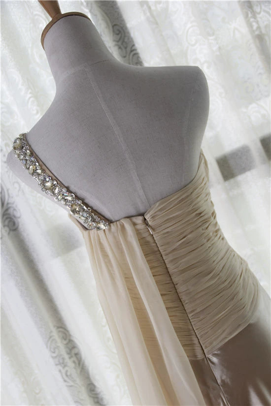 Light yellow satin one-shoulder rhinestone beaded maxi dress