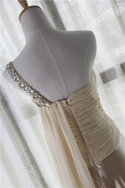 Light yellow satin one-shoulder rhinestone beaded maxi dress