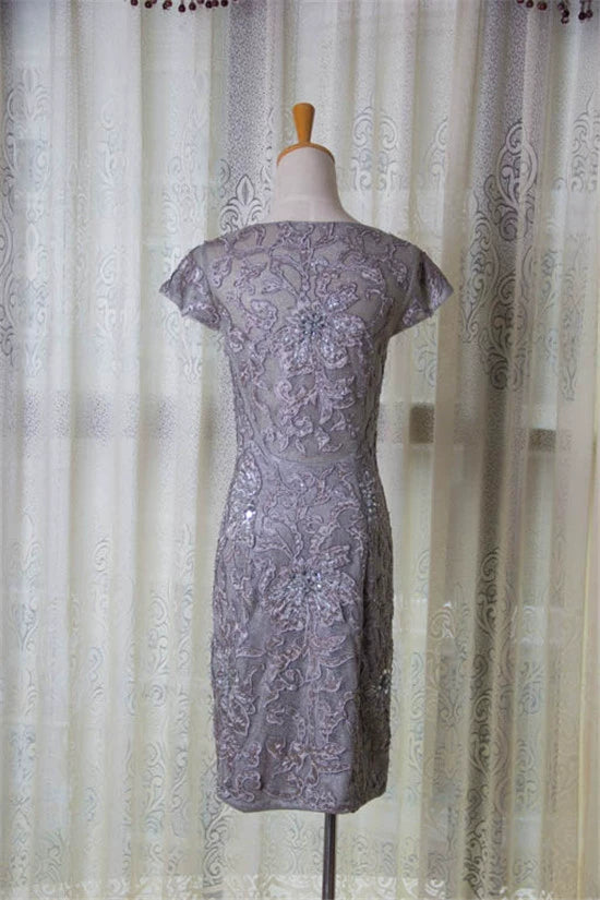 Gray hip-hugging embroidered and beaded evening dress