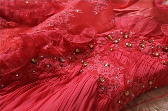 Red lace long train maxi dress