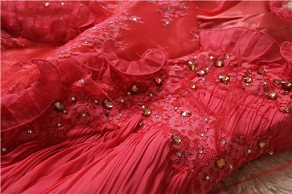 Red lace long train maxi dress