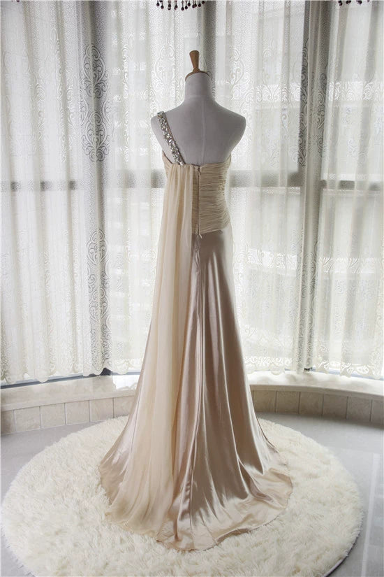 Light yellow satin one-shoulder rhinestone beaded maxi dress