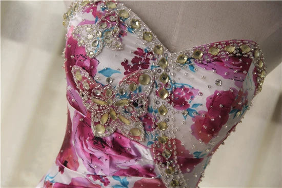 Flower-printed beaded satin fishtail skirt with back ties