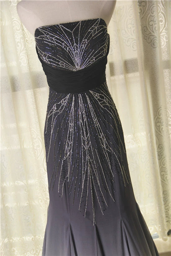 Fishtail Strapless Silk Evening Long Dress in black