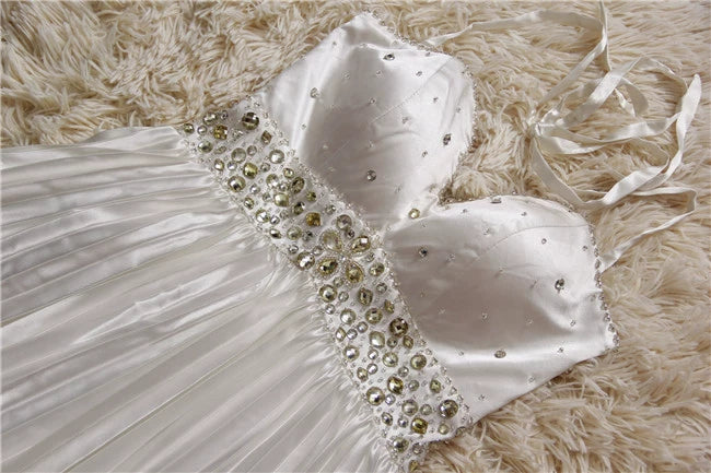 White pleated satin beading mini dress