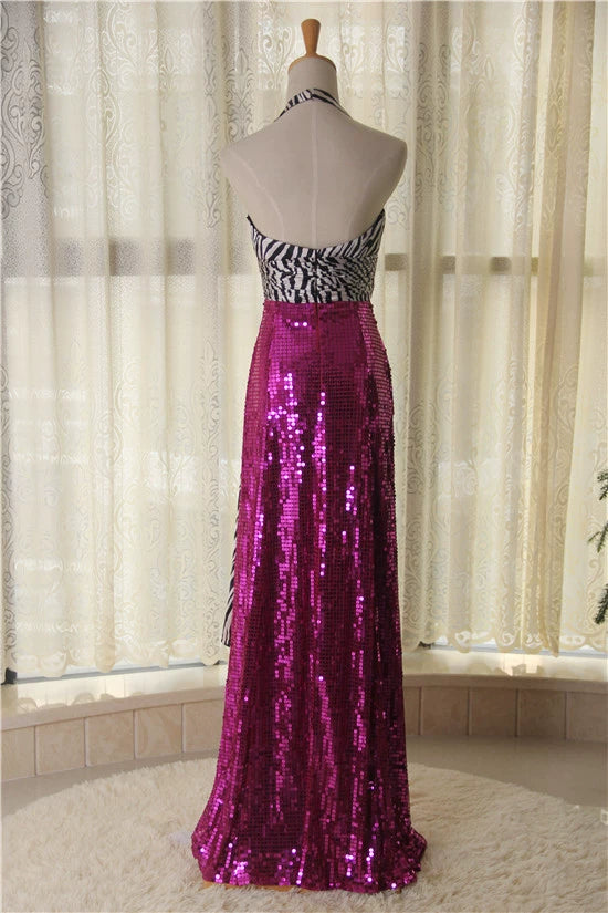 Violet Sequined Halter Neck maxi Evening Dress