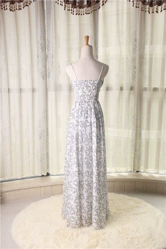 White star print composite silk chiffon bohemian beading maxi dress