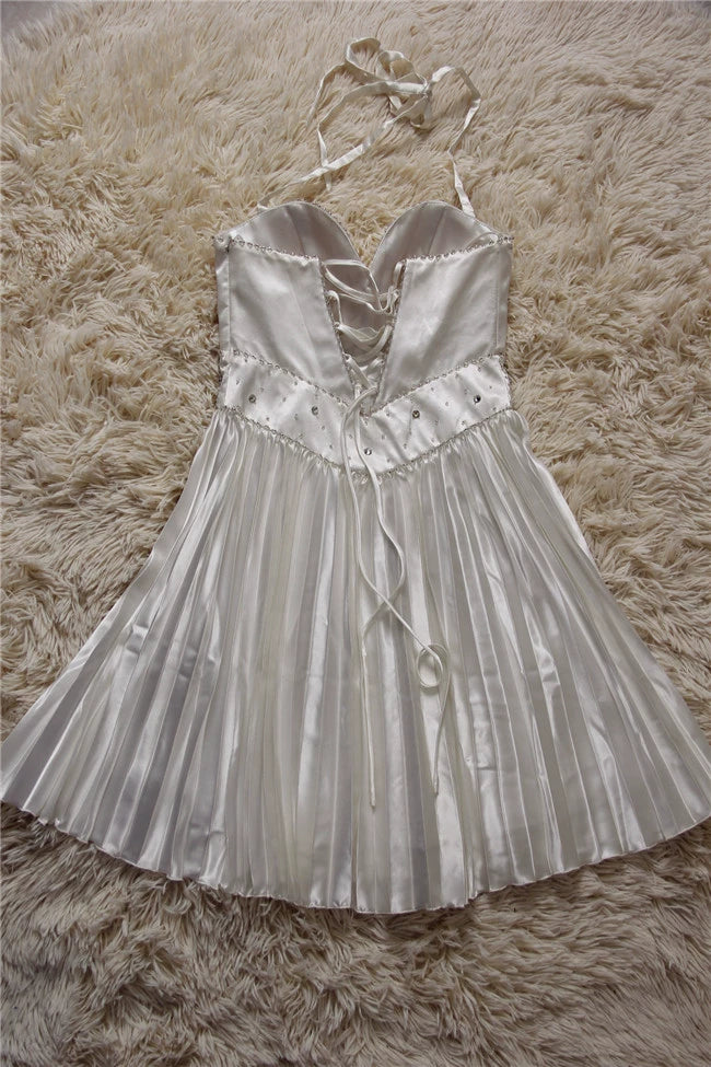 White pleated satin beading mini dress
