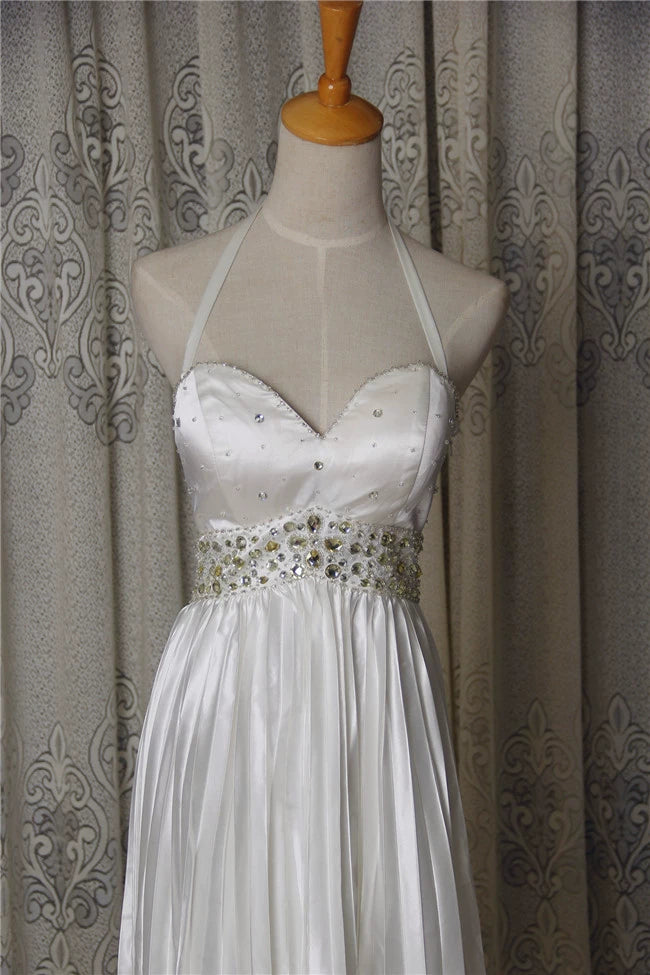 White pleated satin beading mini dress