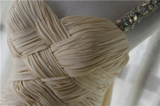 Light yellow satin one-shoulder rhinestone beaded maxi dress