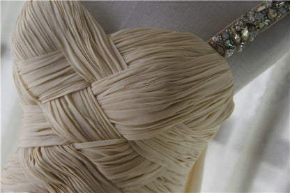 Light yellow satin one-shoulder rhinestone beaded maxi dress