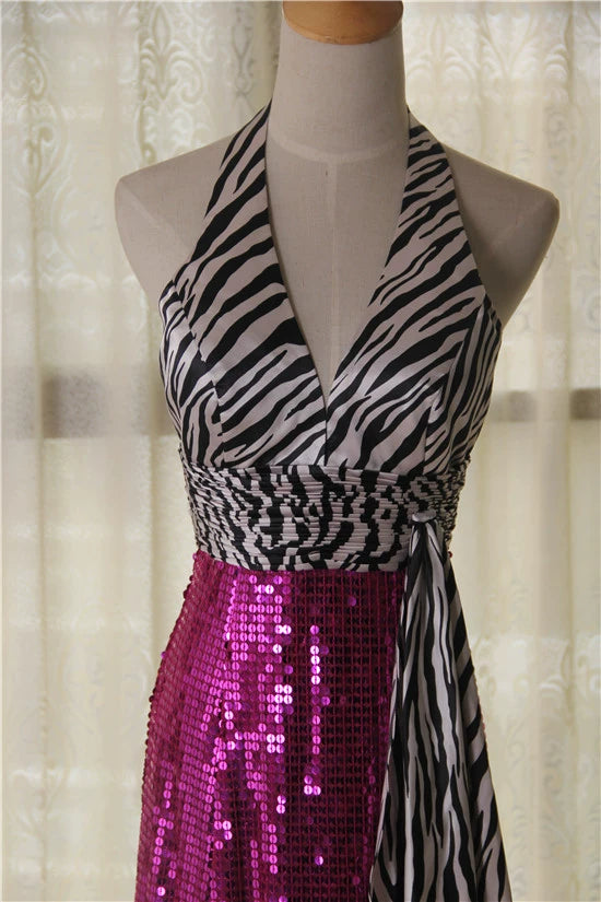 Violet Sequined Halter Neck maxi Evening Dress